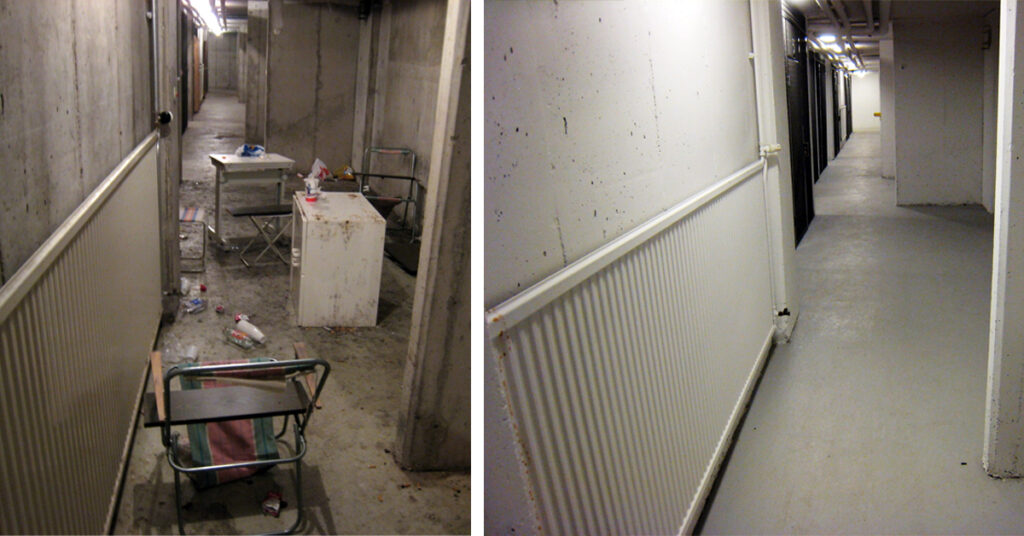 Samma källare före och efter brottsförebyggande åtgärder som omfattar bland annat att det är helt, rent och snyggt. En ljus källarmiljö med förrådsutrymmen med säkra lås dit rätt personer har tillträde.